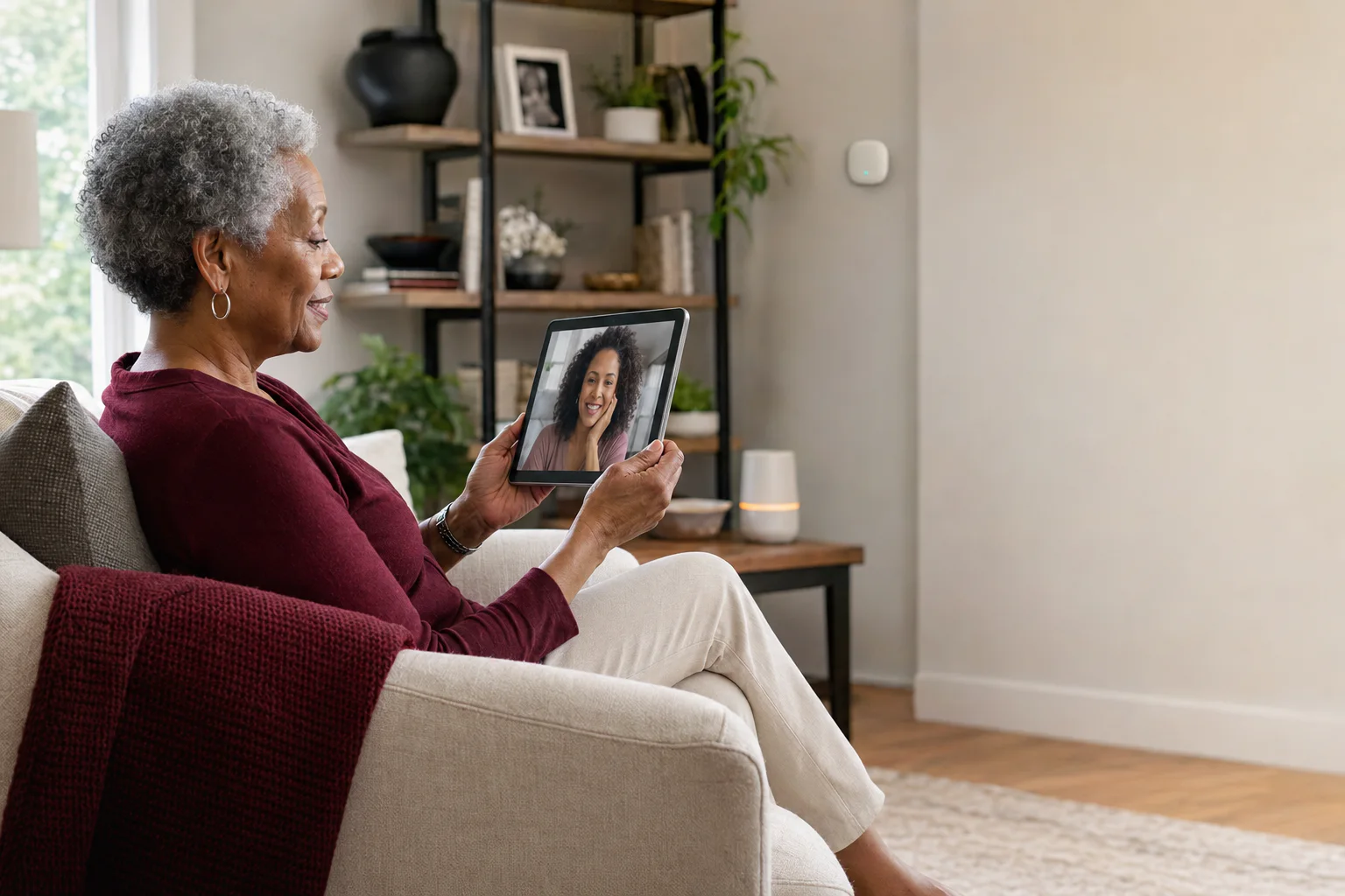 An older adult staying connected with an adult family member