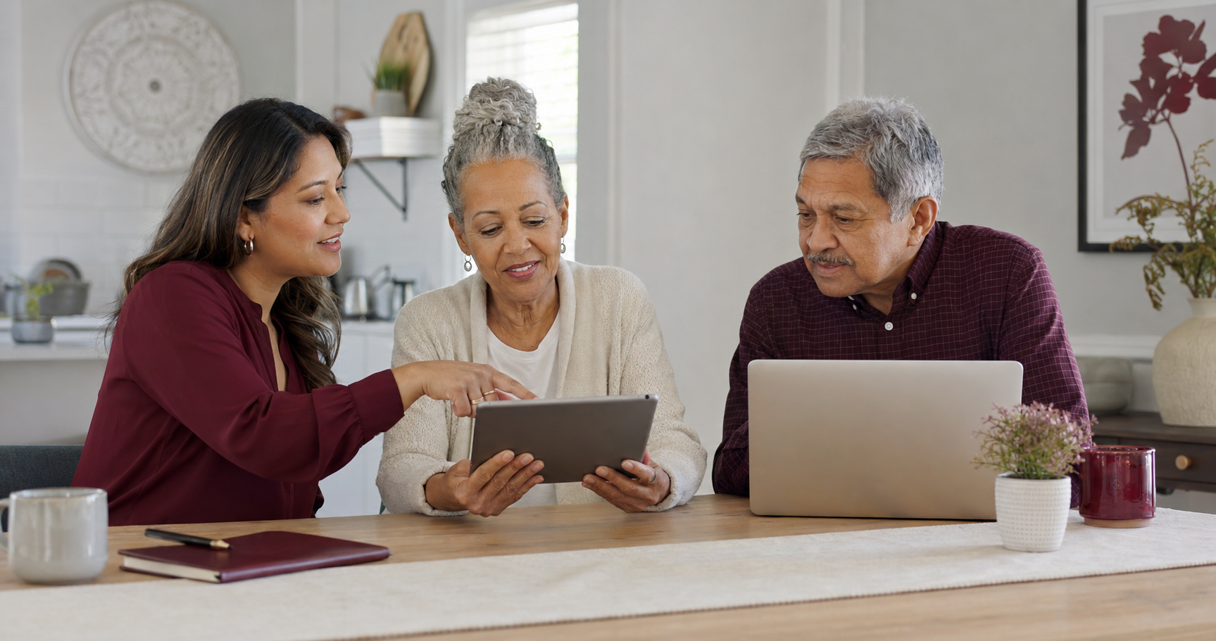 A technology advisor calmly guiding an older couple using a tablet and laptop